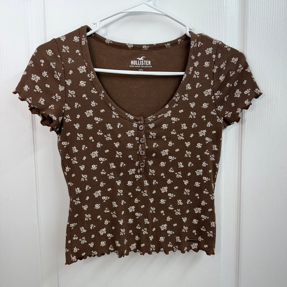 Hollister brown floral ribbed scoop neck baby doll crop stretch casual tee y2k S - Picture 1 of 7